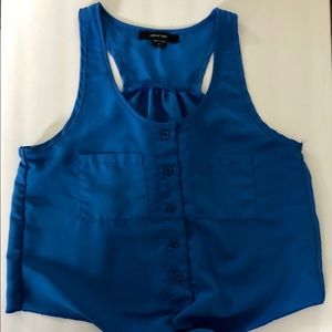 Cropped front tie button up blouse (BLUE)